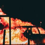 burning vehicle at night time