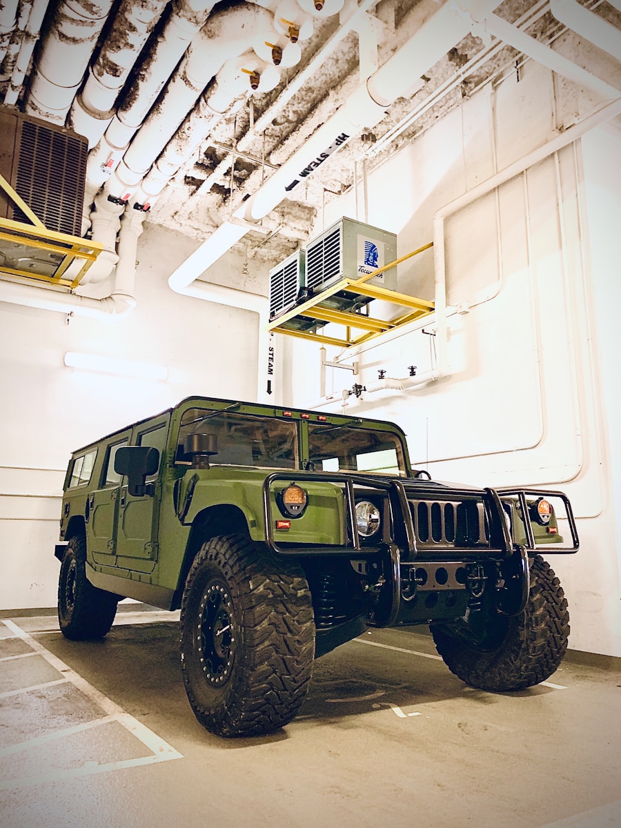 green SUV in garage