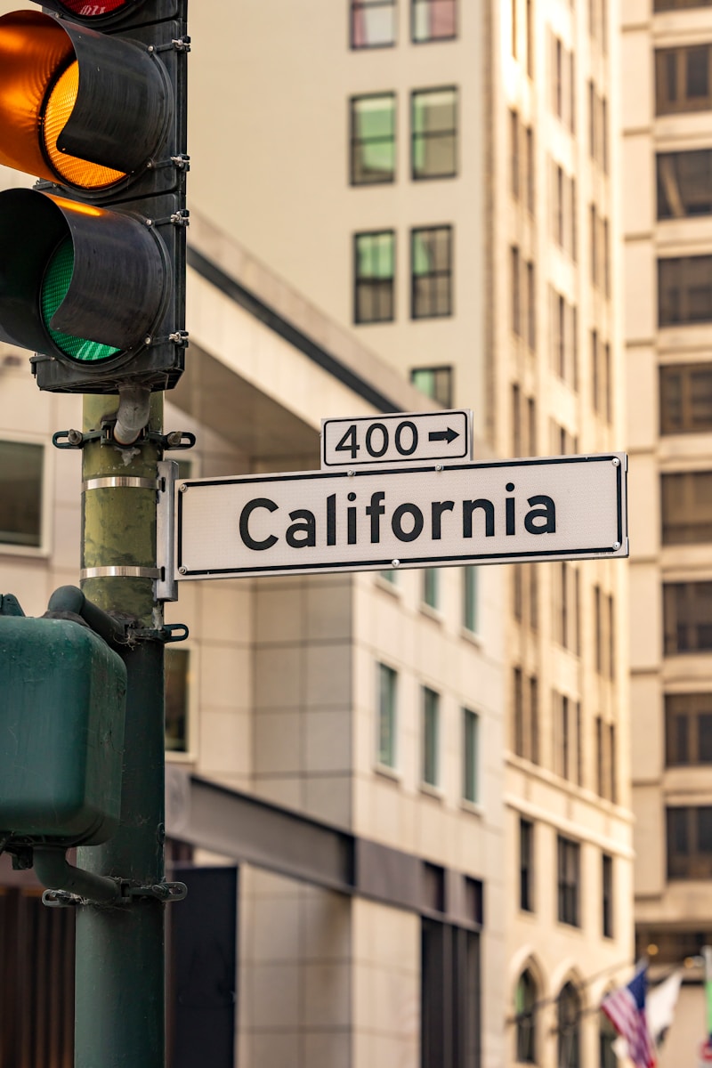 Street sign for california with traffic light.